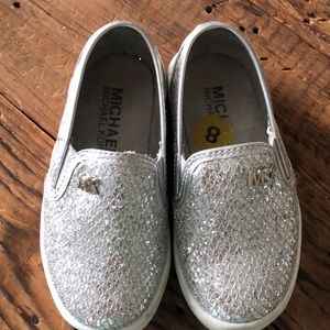MK silver sparkle toddler girls slipons